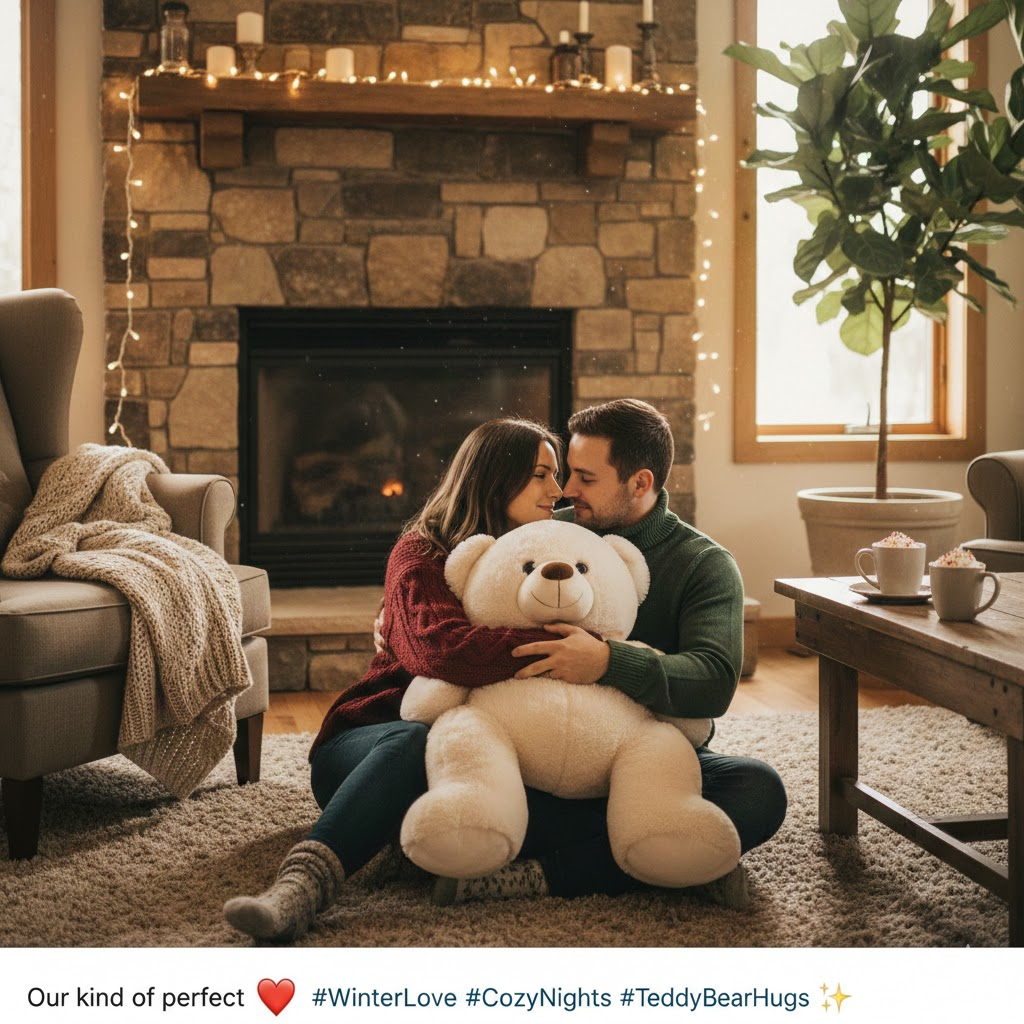Cozy Teddy Day Couple Portrait with Giant Teddy