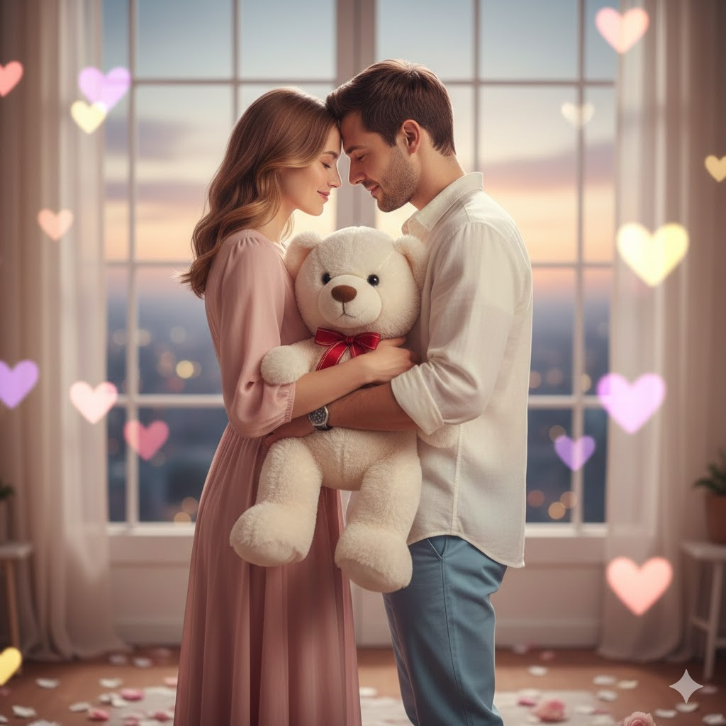 Joyful Teddy Day Couple Portrait on Couch
