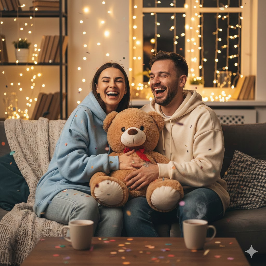 Joyful Teddy Day Couple Portrait on Couch