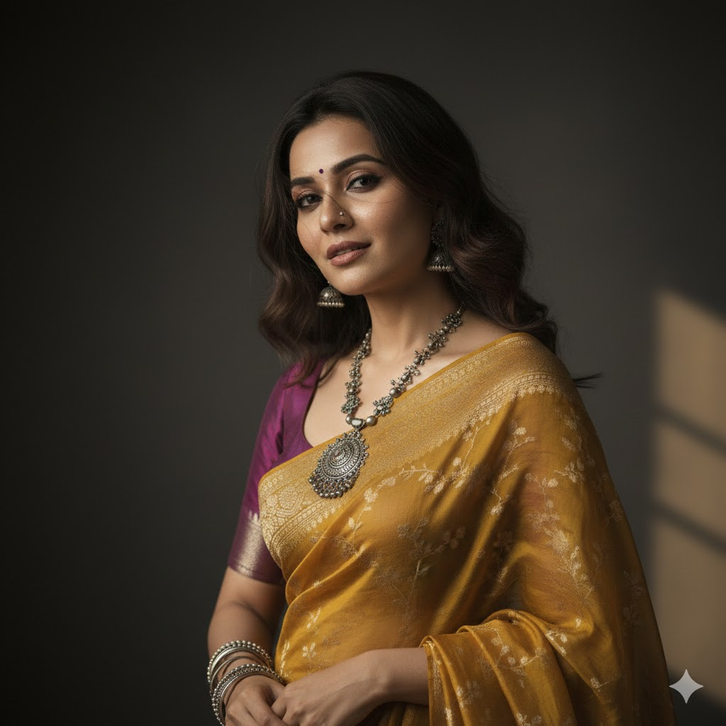 Cinematic Mustard Silk Saree Portrait