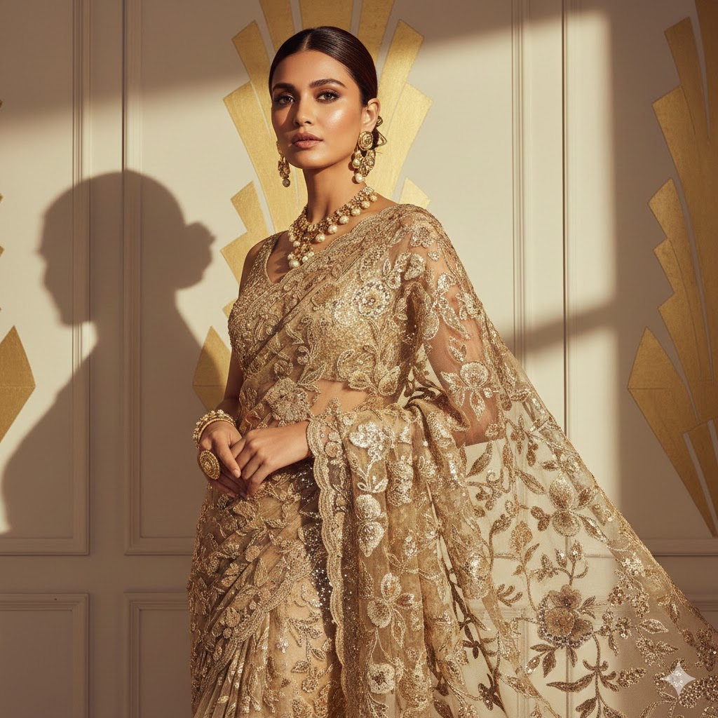 High-Fashion Golden Saree Editorial