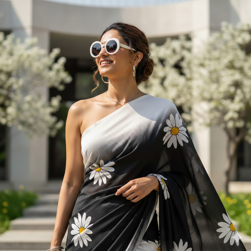 Modern Black & White Daisy Saree